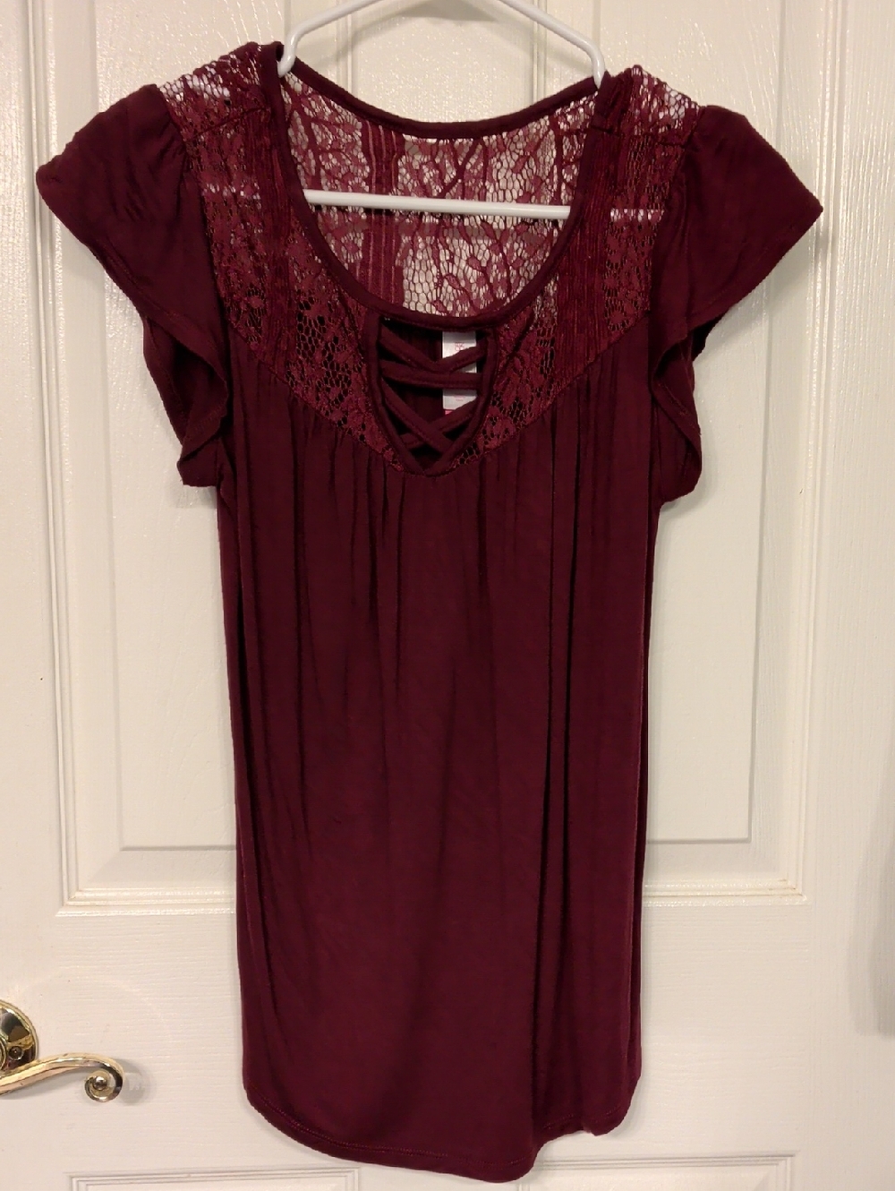 No Boundaries Burgundy Lace Yoke Crisscross Top